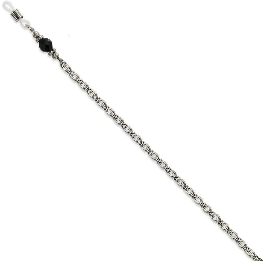 1928 Jewelry Black Crystal Bead Silver Tone Chain Eyeglass Badge Holder 30 in
