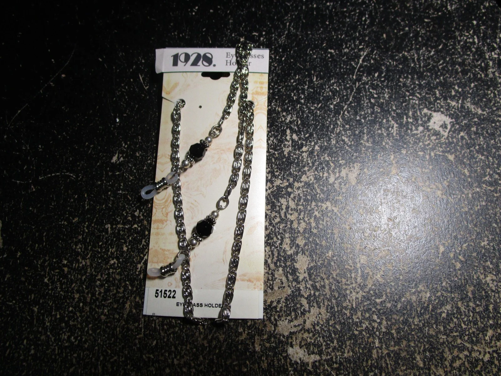 1928 Jewelry Black Crystal Bead Silver Tone Chain Eyeglass Badge Holder 30 in 2