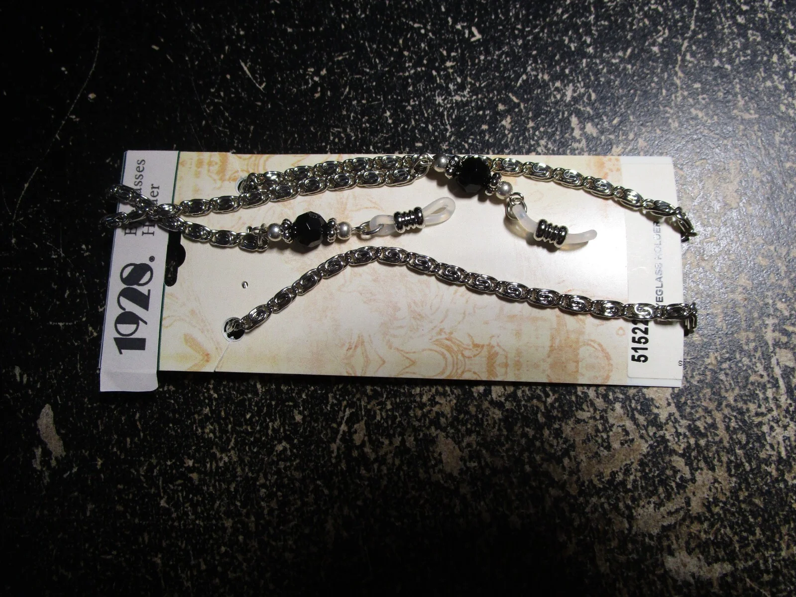 1928 Jewelry Black Crystal Bead Silver Tone Chain Eyeglass Badge Holder 30 in 3