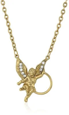 1928 Jewelry Womens Gold-Tone Angel Crystal Eyeglass/Badge Holder Pendant Enh...