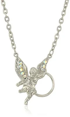 1928 Jewelry Womens Silver-Tone Angel Crystal Eyeglass/Badge Holder Pendant E...